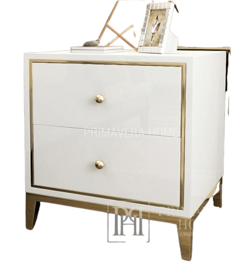 PRIMAVERA-HOME Lakovaný nočný stolík s vysokým leskom biely a zlatý pre pôvab spálne Lorenzo S Gold
